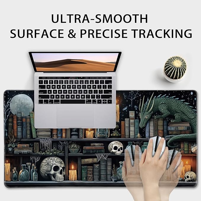 Mystical Gothic Library Large Gaming Mouse Pad 31.5"x15.7"｜ Vintage Book-Themed XXL Desk Mat, Non-Slip Rubber Base & Stitched Edges - Extended Mousepad for PC/Laptop/Office/Home Decor