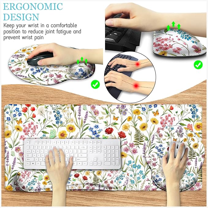 Floral Mouse Pad Set Large Desk Mat for Desktop, Ergonomic Mouse Pad with Gel Wrist Rest for Gaming, Computer Keyboard Mat Wrist Support Cup Coaster Set, Women Office Desk Accessories Decor