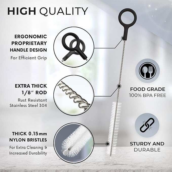 Buenalife Heavy Duty Cleaning Brushes Set of 8 - Extra Long Straw Cleaners for Metal and Plastic Reusable Drinking Straws, to Clean Small Spaces, Sippy Cups, Water Bottles - Sturdy Hard Brush Bristles