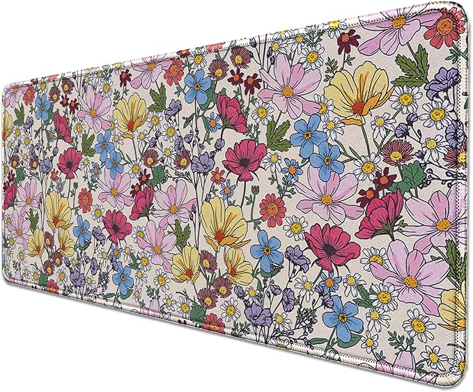 Colorful Flowers Mouse Pad,Large Floral Mousepad Desk Pad with Stitched Edges,Non-Slip Waterproof Rubber Base Mouse Mat for Office Computer Keyboard Laptop Home(27.5x11.8 in)