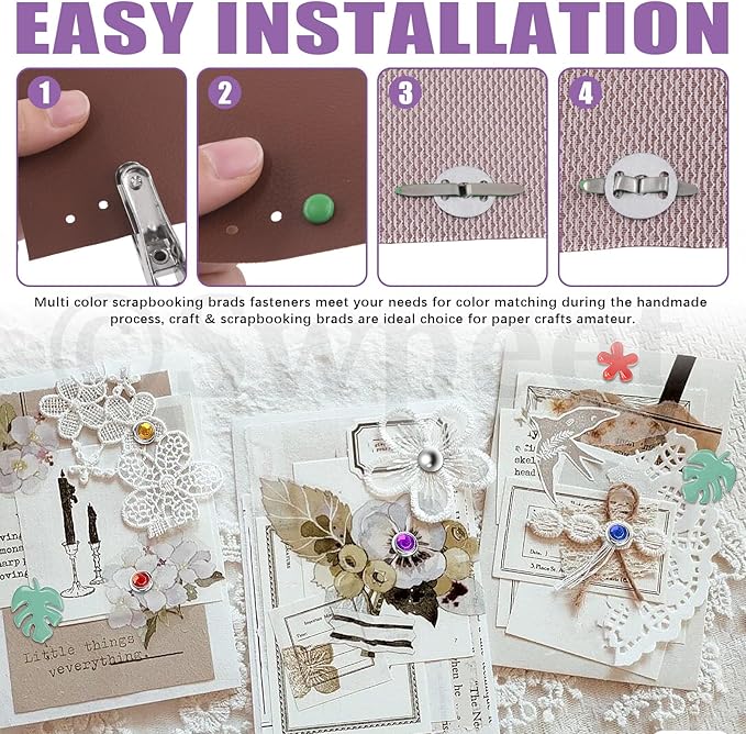 Swpeet 240 Sets 9 Styles and 5 Sizes Multicolor Split Pins Mini Brads Metal Brad with Hole Punch Assortment Kit, Metal Paper Brass Paper Fasteners Pastel Brads for Scrapbooking and Clothing Shoes