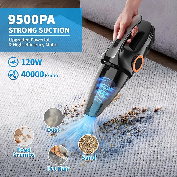 NHOWIN Handheld Vacuum Cordless, 9500PA Portable Handheld Vacuum with LED Light & 2 Filters Powerful Suction Car Vacuum Rechargeable Hand Held Vacuum Cordless for Home Office Kitchen Car Pets