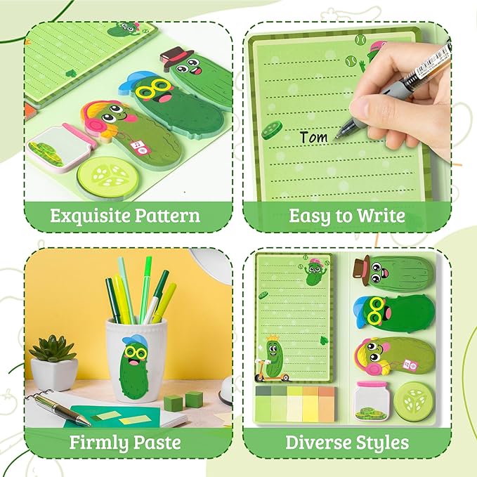 B1ykin Sticky Notes Set, Cartoon Theme Cute Self-Stick Notes Pad Teacher Appreciation Gifts， Self-Adhesive Writing Memo Pages Sticky to Do Notepad for Kids Employee School Office (Funny Pickles)