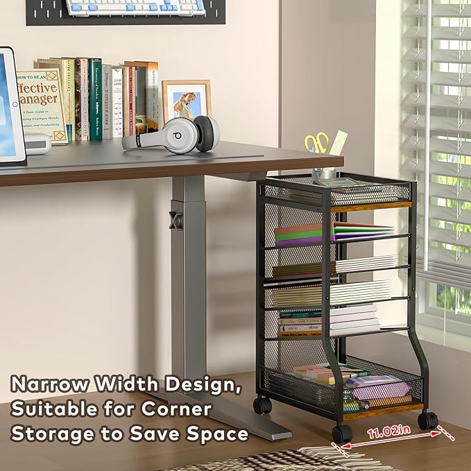 keomaisyto 6-Tier Standing File Organizer for Office Organization, Under Desk File Holder with Sliding Mesh Paper Letter Trays, Slim Rolling File Cart with Wheels for Home/Office/Study