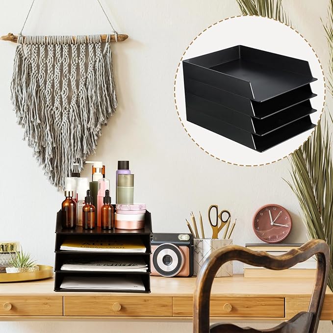 Wenqik 12 Pcs Stackable Paper Trays Rectangular Plastic Desk Holder Desktop Document File Organizer Storage Letter for Office Classroom (Black)