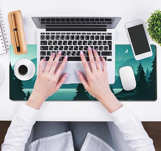 Aesthetics Sunset Mountains Green Desk Mat Mousepad, XL Large Gaming Mouse Pad, Cute Anime Moon Desk Pad Mouse Mat Girl Women Office Desk Decor Laptop Keyboard Mat with Stitched Edges 31.5''x11.8''