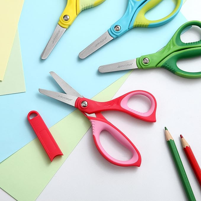 JARVISTAR 4 Pack Blunt Kids Scissors: 5.5” Small Safety Stainless Steel Blades with Cover for School Children Students Teachers Classroom Crafting