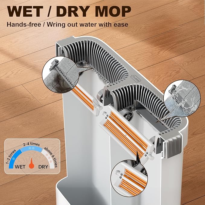 POPMOP Flat Mop and Bucket System - Mop and Bucket with Wringer Set for Home | Wet Dry Mop for Apartment, Tiny Home, Windows, Wall, Hardwood Floor, RV with 6 Reusable Microfiber Cloth