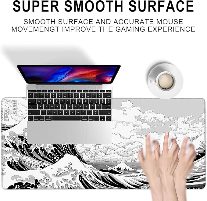 Gaming Mouse Pad, Black and White Japanese Sea Wave Large Desk Mat for Keyboard and Mouse,Non-Slip Rubber Base and Stitched Edges Desk Pad for Home Office 35.4x15.7in
