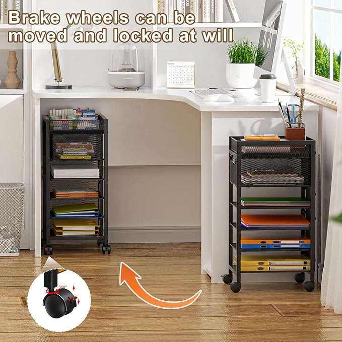 keomaisyto Under Desk Storage Slim File Cabinet, 6-Tier Rolling File Cart with Paper Letter Tray & Drawer, Standing Paper Organizer with Wheels, Narrow Desk Organization for Home Office Workspace