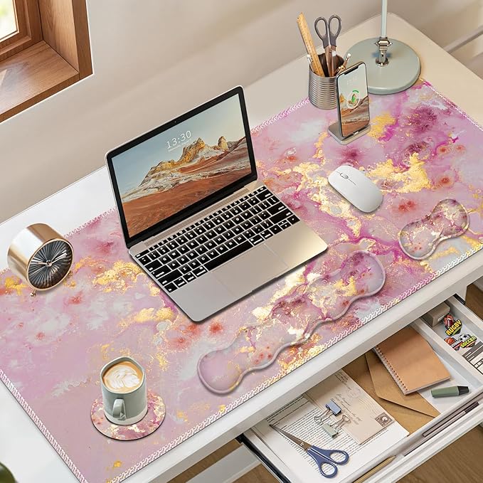 Gaming Mouse Pad Keyboard Wrist Support, 4 in1 Mousepad Set with Wrist Keyboard Rest, Computer Desk Mat, Non-Slip Desk Pad Protector with Memory Foam Easy Typing Pain Relief I Nice Pink Marble
