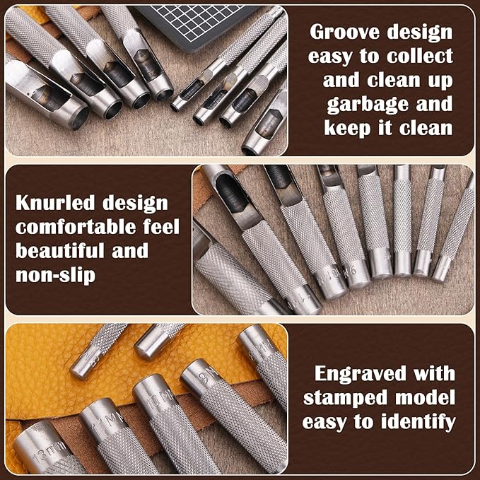 8 Pcs Leather Hole Punch Cutter 5mm-13mm Hollow Punch Set for Leather Crafting Round Hollow Tools for Watch Bands Belts Canvas Paper Rubber Soft Material Working