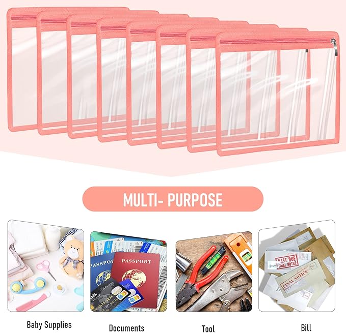 Outus 8 Pcs Clear Zipper Pouches Pencil Pouches PVC Makeup Pouch Envelopes Folder Storage Multi Purpose Document File Organization Bags, Office Supplies (Champagne Edging,9.8 x 8 Inches)