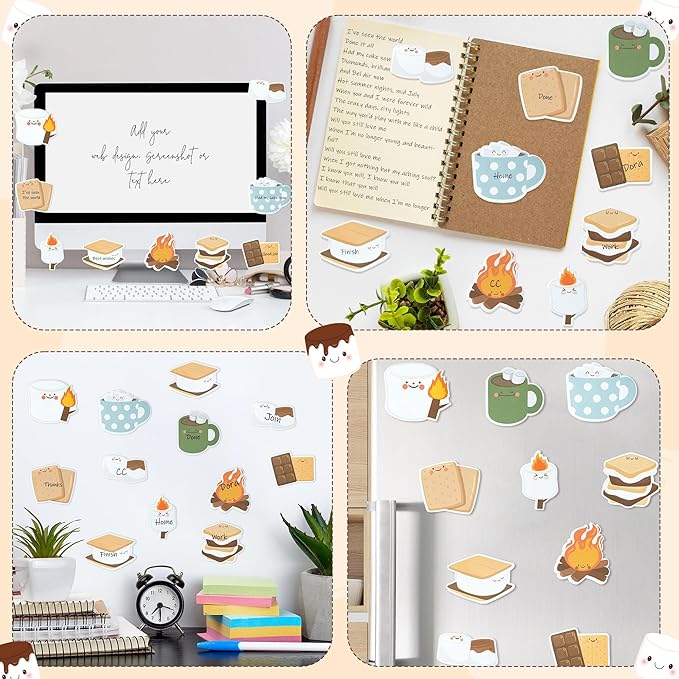 CJiangpo 60Pcs Marshmallow Sticky Notes - 1200 Sheets Cute Self Stick Notepad Memo Pads Funny Cartoon Page Markers for Classroom Rewards Teacher Student Supplies Camping Themed Gift for Kids