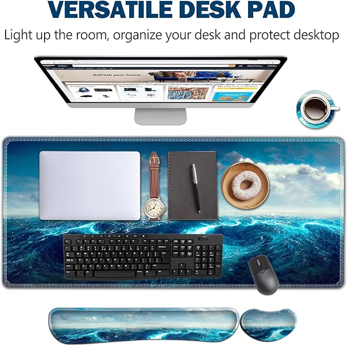 AIMSA Keyboard Mouse Pad Wrist Rest, Extended Gaming Mouse Pad +Wrist Support, Ergonomic Memory Foam,XXL Large Mousepad Easy Typing Pain Relief, 4Pcs (35×15.7 in) Desk Mat,Big Sea Waves
