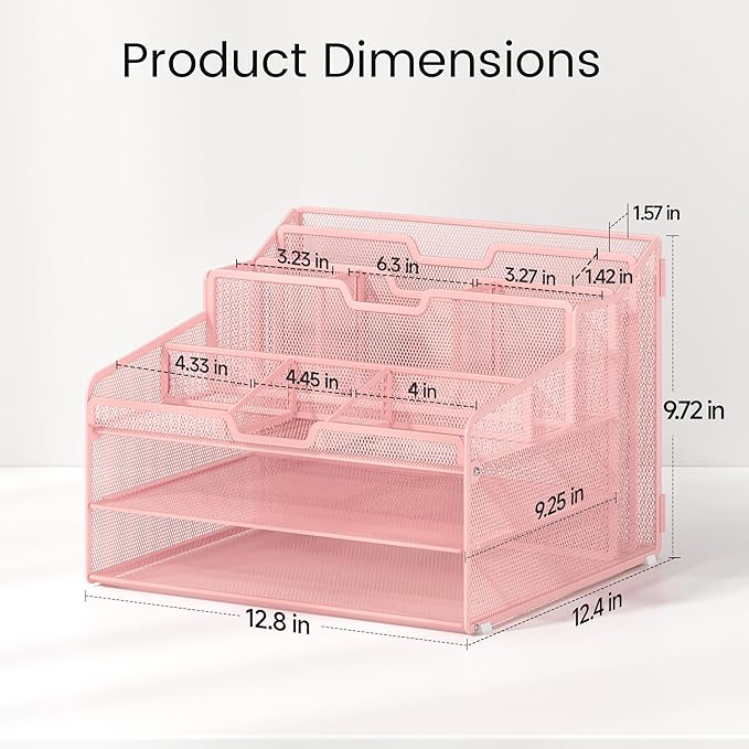 Lavatino Desk Paper File Organizer - Metal Mesh with 2 Letter Trays, 7 Flexible Dividers, 2 Vertical File Folder Holders for Office/Home/Classroom Supplies, Desk Organizers and Accessories, Pink