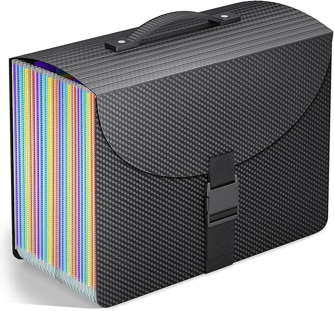 25 Pockets Expanding File Folders,Accordion File Organizer with Handle,Portable Filing Box,Expandable File Folder,Adjustable Support Strap,Colored Tabs.Papers Bills Documents Organizer,A4/Letter Size