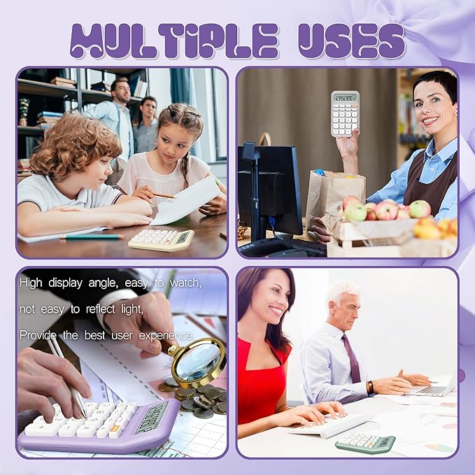 Mechanical Switch Calculator, 10 Digits, Large LCD Display, Purple, Big Buttons, Aesthetic