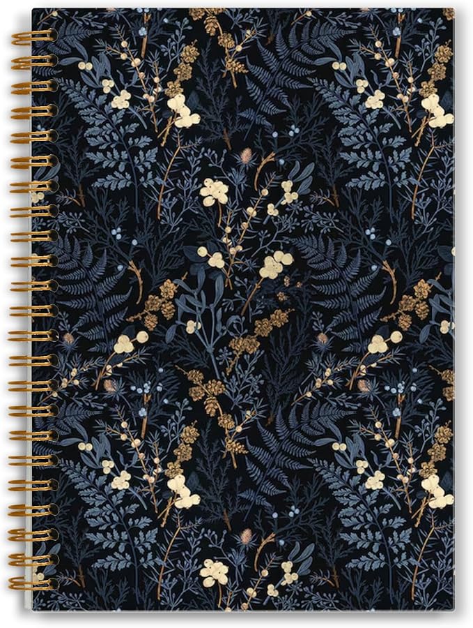 Vintage Blue Floral Notebook, Dark Cottagecore Wildflower Plants Journal, Vintage Fern Herb Leaf Botanical Floral Journal for Writing, Spiral Notebook 5.5x8.3 Inch