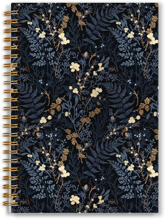 Vintage Blue Floral Notebook, Dark Cottagecore Wildflower Plants Journal, Vintage Fern Herb Leaf Botanical Floral Journal for Writing, Spiral Notebook 5.5x8.3 Inch