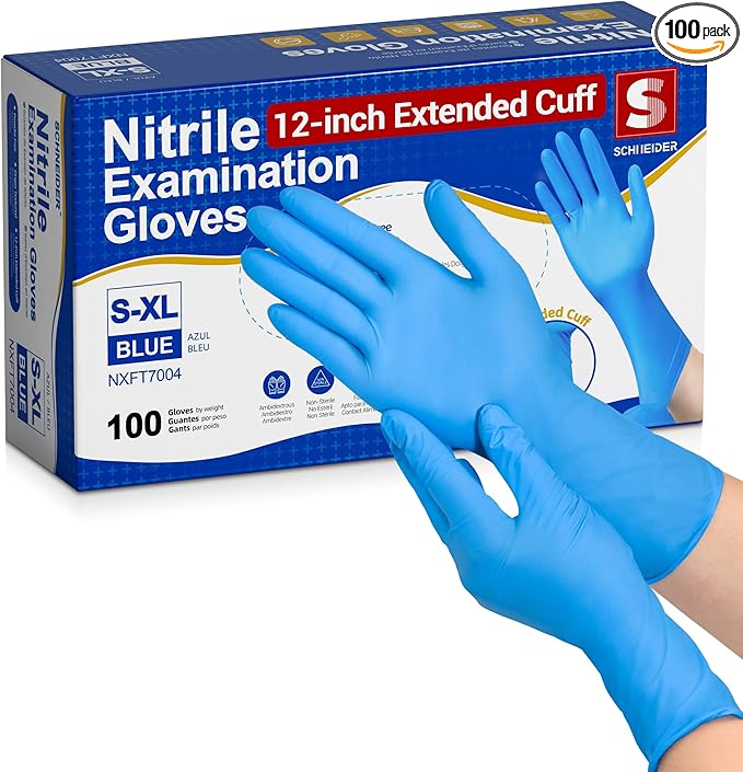Schneider Nitrile Exam Gloves, Extended 12 Inches Cuff, Small, 4 mil, 100-ct Box, Gloves Disposable Latex Free, Powder Free for Medical, Food Prep, Cleaning, Cooking, Blue