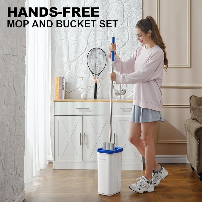 BEJOMOP Mop and Bucket Set with Wringer, Squeeze Wall Mop Cleaner with Long Handle, Flat Mop and Bucket System, Dry & Wet Dust Mops for Household Floor Cleaning with 3 Microfiber Mops, Slate Blue