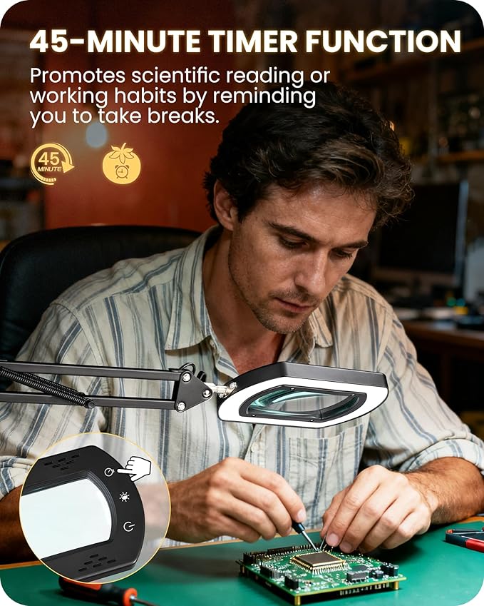 10X Square Magnifying Glass with Light and Stand, 2-in-1 LED Lighted Desk Lamp & Clamp, 5 Color Modes Stepless Dimmable, Hands-Free Magnifier Desk Lamp for Reading Craft Close Work B01DL05