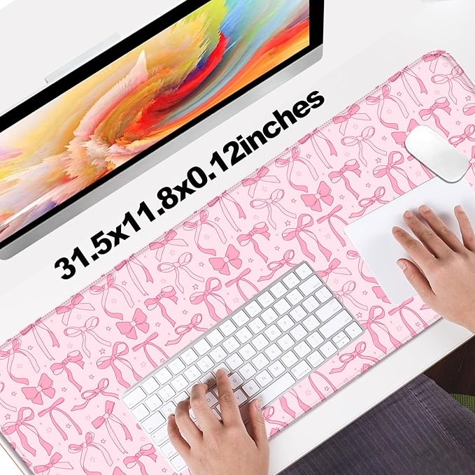 Pretty Bow Girly Gaming Desk Mat, Computer Keyboard Large Extended Long Mouse Pad for Office and Home, XL (W24)