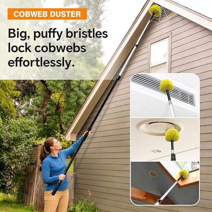 ARTIPOLY 20 Foot Telescoping Extension Pole Kit, 4-in-1 High Reach Duster with Chenille Microfiber Feather & Cobweb Duster Attachments for Ceiling Wall Hard-to-Reach Indoor & Outdoor Cleaning Yellow