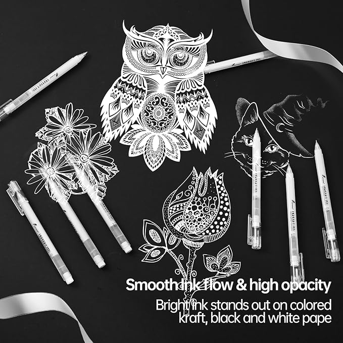 White Gel Pens - Fine, Medium & Bold Tip Ink Pens for Journaling, Art, or Drawing- For Holiday Gifts & DIY Projects - White Ink, Archival Ink Pens -0.6/0.8/1.0 Assorted Tip Sizes -9 Pack