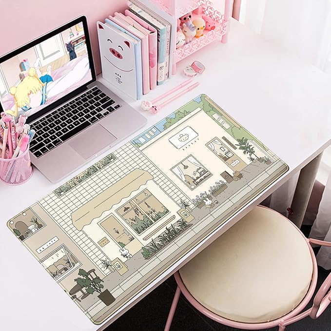 Cute Desk Mat Kawaii Mousepad Bunny and Bear Cute Anime Japanese Street Pastel Beige Brown and Green Mouse Pad, Extra Large Deskmat Cut Laptop Pad