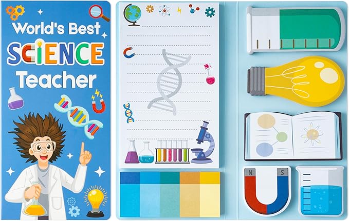 B1ykin Sticky Notes Set, Cartoon Theme Cute Self-Stick Notes Pad Teacher Appreciation Gifts， Self-Adhesive Writing Memo Pages Sticky to Do Notepad for Kids Employee School Office (Science Teacher)