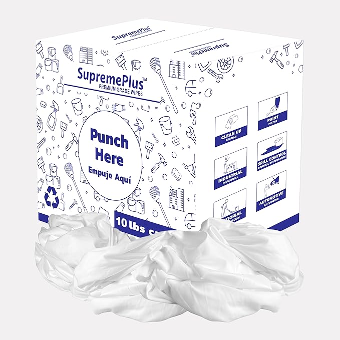 SupremePlus Recycled White Sheeting Cleaning Rags (10 lbs. Box) – Lint Free White Cotton Cloths for Manufacturing | Automotive | Janitorial | Shop Rags Bulk - Multipurpose
