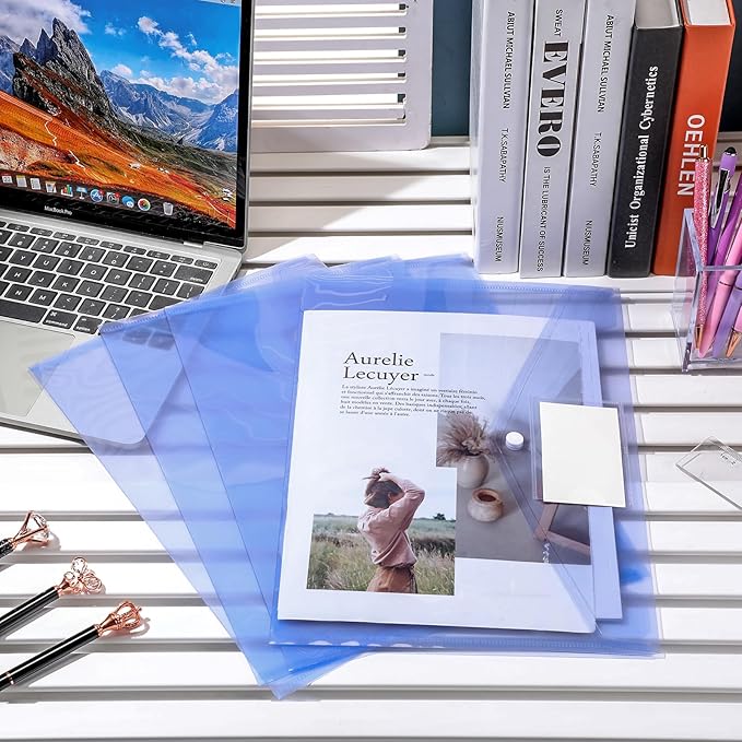 Yeaqee 50 Pcs Plastic Envelopes Poly Envelopes File Folders with Snap Button Closure Clear Folders for Documents US Letter A4 Size Filing Holder with Label Pocket for Home Office School(Blue)