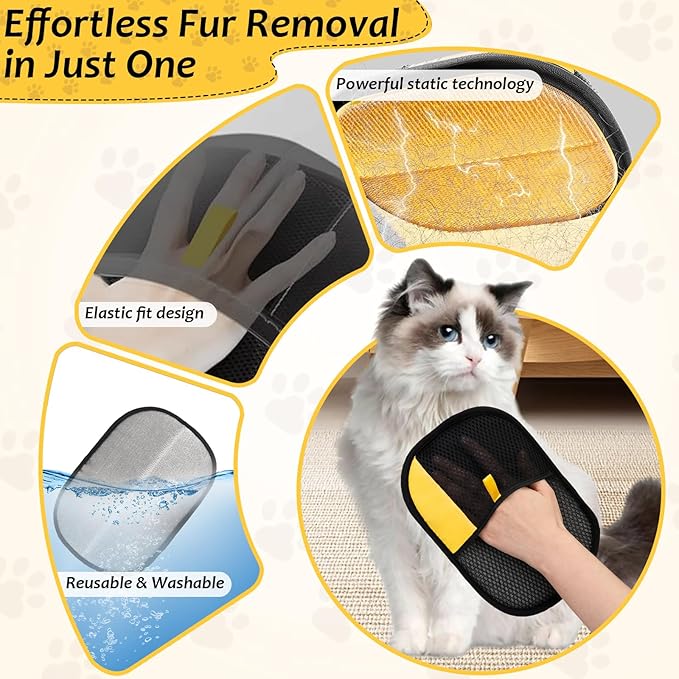 Dexspoeny 3 Pcs Pet Hair Removal Glove Set, Reusable Electrostatic Pet Hair Remover with Hair Remover Brush and Pet Comb, Upgrade Efficient Cats&Dogs Grooming Gloves for Clothes Furniture Carpet Seat