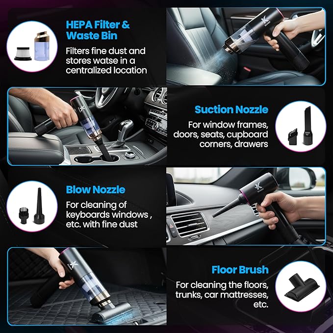 Klaasen Handheld Car Vacuum Cleaner, Dual Suction 7.5K & 12k Pa, Portable Mini | Blower, Inflator, Deflator and Dustbuster for Car, Home, Kitchen & Office | Black Color