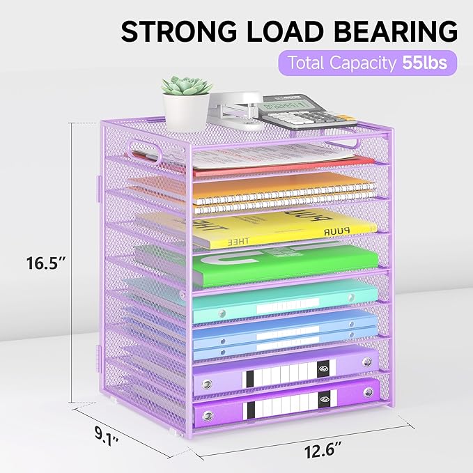 9 Tier Paper Organizer with Handle, Large Capacity Desk Organizer Mesh File Folder Letter Paper Tray Desktop Document Sorter for Classroom, School, and Office Accessories Organization- Purple