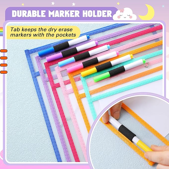 24 Pack Dry Erase Pocket Reusable Sleeves 10" x 14" Clear Plastic Sheet Protectors with Dry Erase Markers and Mini Sleeves Paper Teacher Supplies(Oh Happy Day Color)