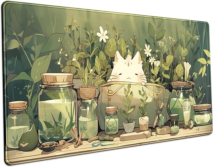 Cute Desk Mat Green Plant Cat Kawaii Sage Mouse Pad Gaming XXL Large Mousepad Extended Desk Matt for Desktop, Laptop Computer Keyboard Mouse Mat for Women Office Decor Accessories 31.5''x15.7''