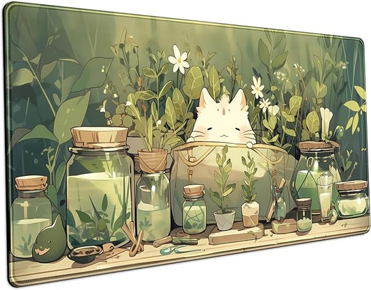 Cute Desk Mat Green Plant Cat Kawaii Sage Mouse Pad Gaming XXL Large Mousepad Extended Desk Matt for Desktop, Laptop Computer Keyboard Mouse Mat for Women Office Decor Accessories 31.5''x15.7''