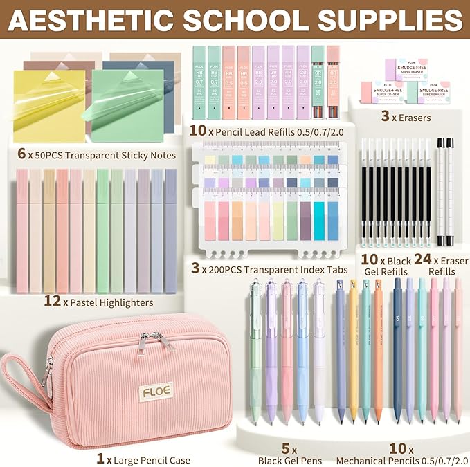 62PCS Aesthetic School Supplies, Cute Back to School Supplies College Essentials Preppy Stationary Set with Large Pencil Pouch Case, Pastel Highlighters Gel Pens Mechanical Pencils for Student Girls