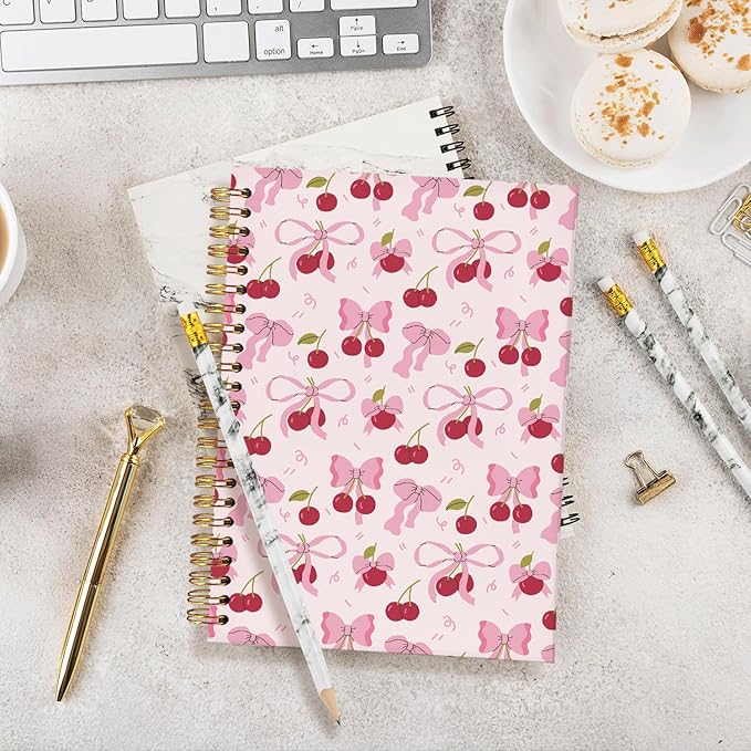 Coquette Cherry Notebook for Women - Preppy Pink Bow School Journal, Pink Office Supplies,Coquette Trendy Gifts for Girls Teens, Aesthetic Stationery Supplies 5.5x8.3