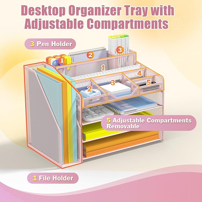 Docnest 4 Tier Mesh Desk Organizer with File Holder – Multi-Functional Paper Letter Tray with 5 Adjustable Compartments, 3 Pen Holders, Desktop Storage for Files, Mail, Stationery – Pink