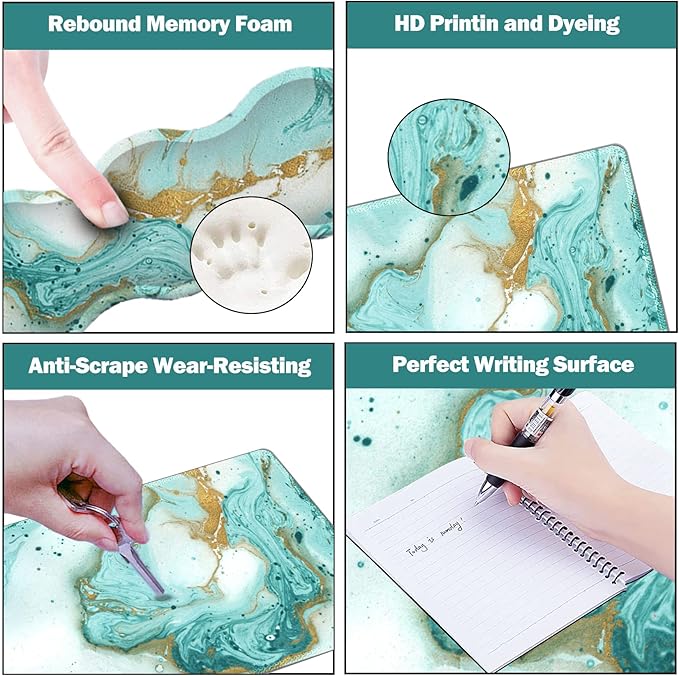 Upgraded Large Gaming Mouse Pad, Keyboard Wrist Rest Pad, Wrist Support Mousepad Set, Artso Rubber Base Stitched Edges, Multifunctional Desk Pad (35 x15.5 in) for Office, Home, Teal Turqoise Marble