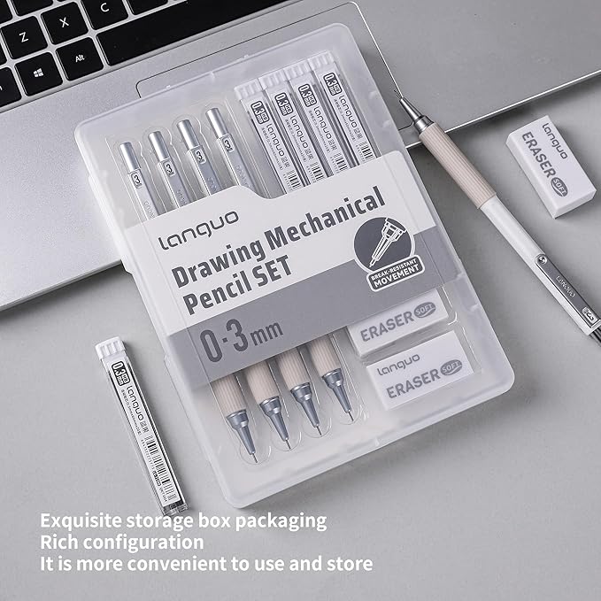 0.3mm Mechanical Pencil Set with Case, 4PCS Drafting Mechanical Pencils Kit – 4 Tubes HB Lead Refills, 3 Erasers, Ideal Pencil Set for Writing & Drawing