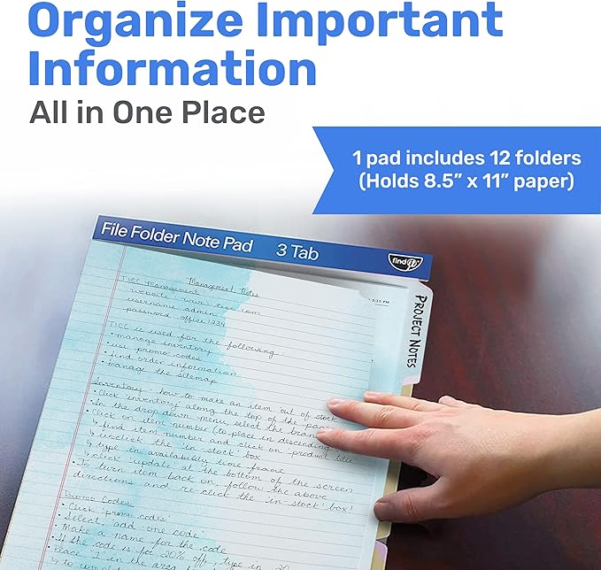 Find It File Folder Notepad - Pack of 12-9.5 x 12.5 Inch Notebook Organizer Folders for Filing, Document, and Clipboard Organization - Watercolor