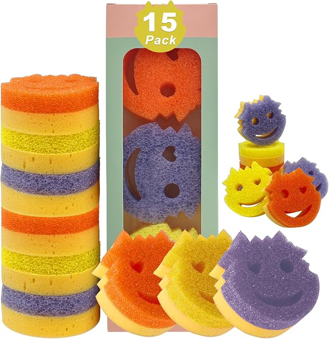 Saiqiang Scrub Sponge, 15 Pack Dual-Sided Temperature Kitchen Sponge for Dishes Household Cleaning Pads Non-Scratch Multipurpose Color Sponges for Kitchens, Bathroom