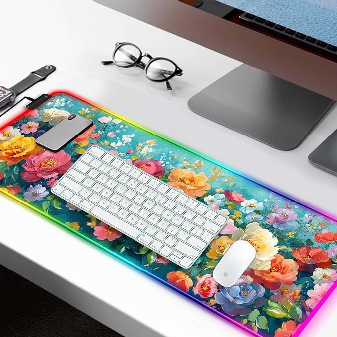 RGB Colorful Flower Peony Gaming Desk Mat, Computer Keyboard Large Extended Long Floral LED Mouse Pad for Office and Home, XL (W28)