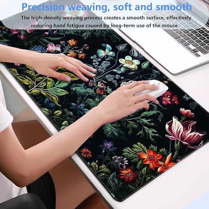 Dark Floral Mouse Pad XL Gaming Mouse Pads Floral Desk Mat for Desk Extra Large Computer Pad 31.5 x 15.7 in Pretty Colorful Flower Design Keyboard Mouse mat for Desk Decor