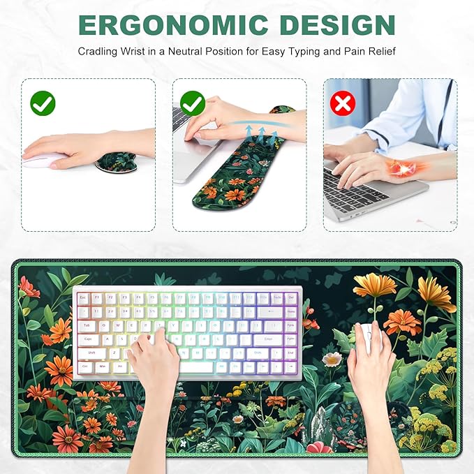 Desk Mat for Keyboard and Mouse, 4 in 1 Desk Pad, Ergonomic Mouse Pad Wrist Support, Keyboard Wrist Rest Set, Large Gaming Mouse Pad with Stitched Edges for Home Office, Green Daisy Leaves